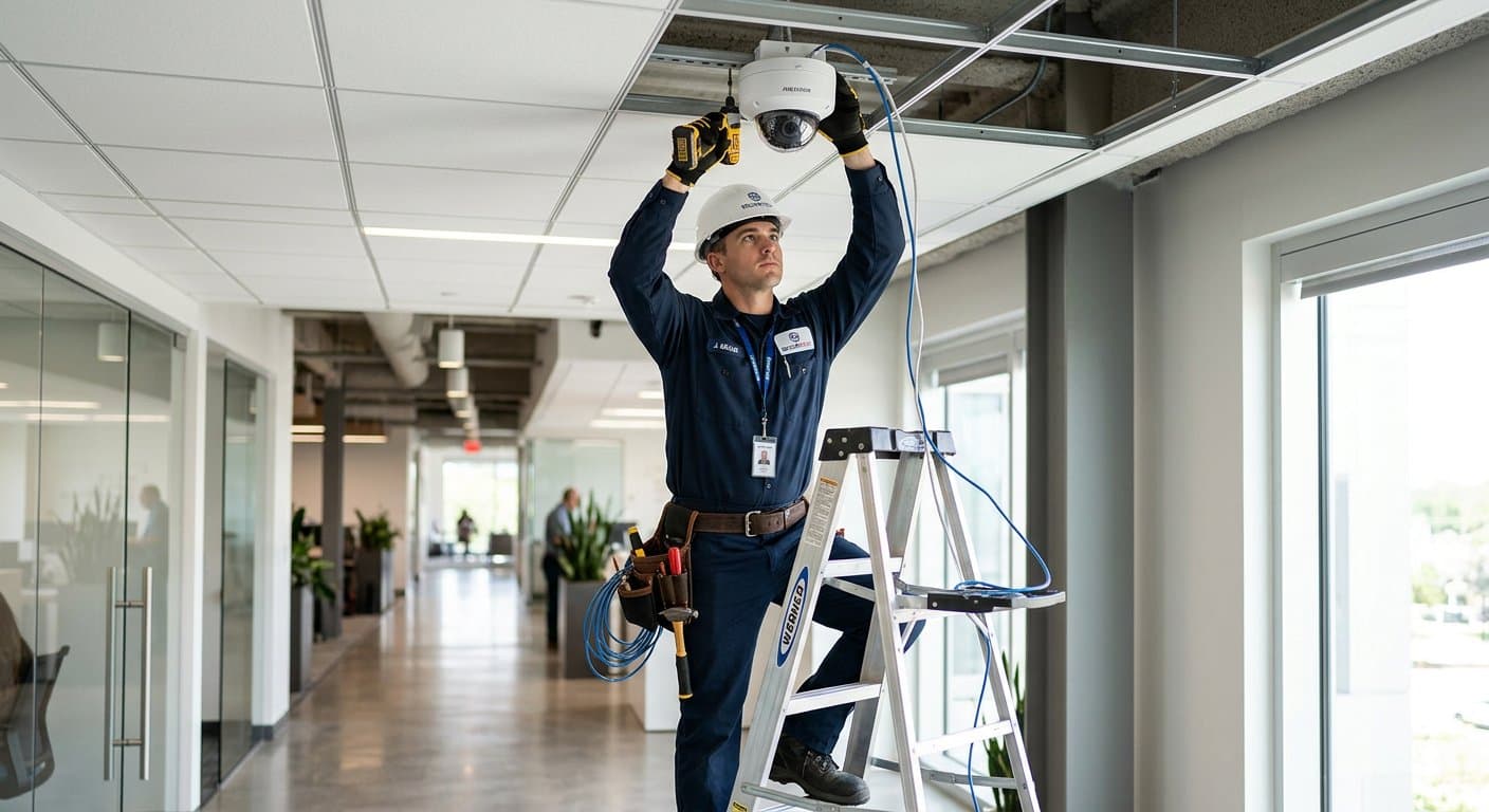 Technician installing a CCTV dome camera